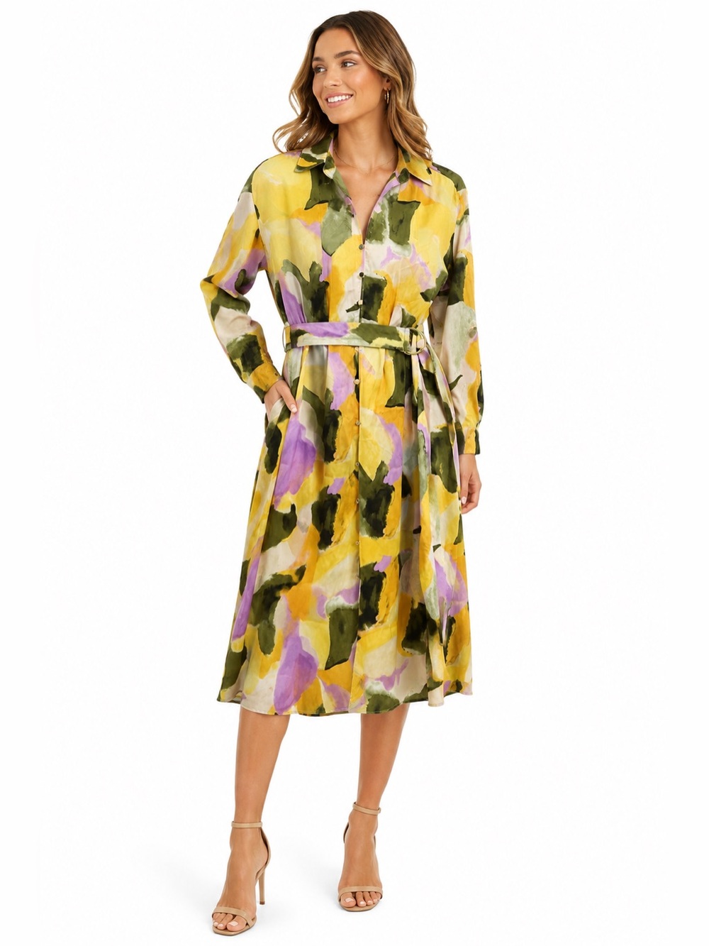 French Connection Abstract Print Belted Shirt Midi Dress Size S   NWT